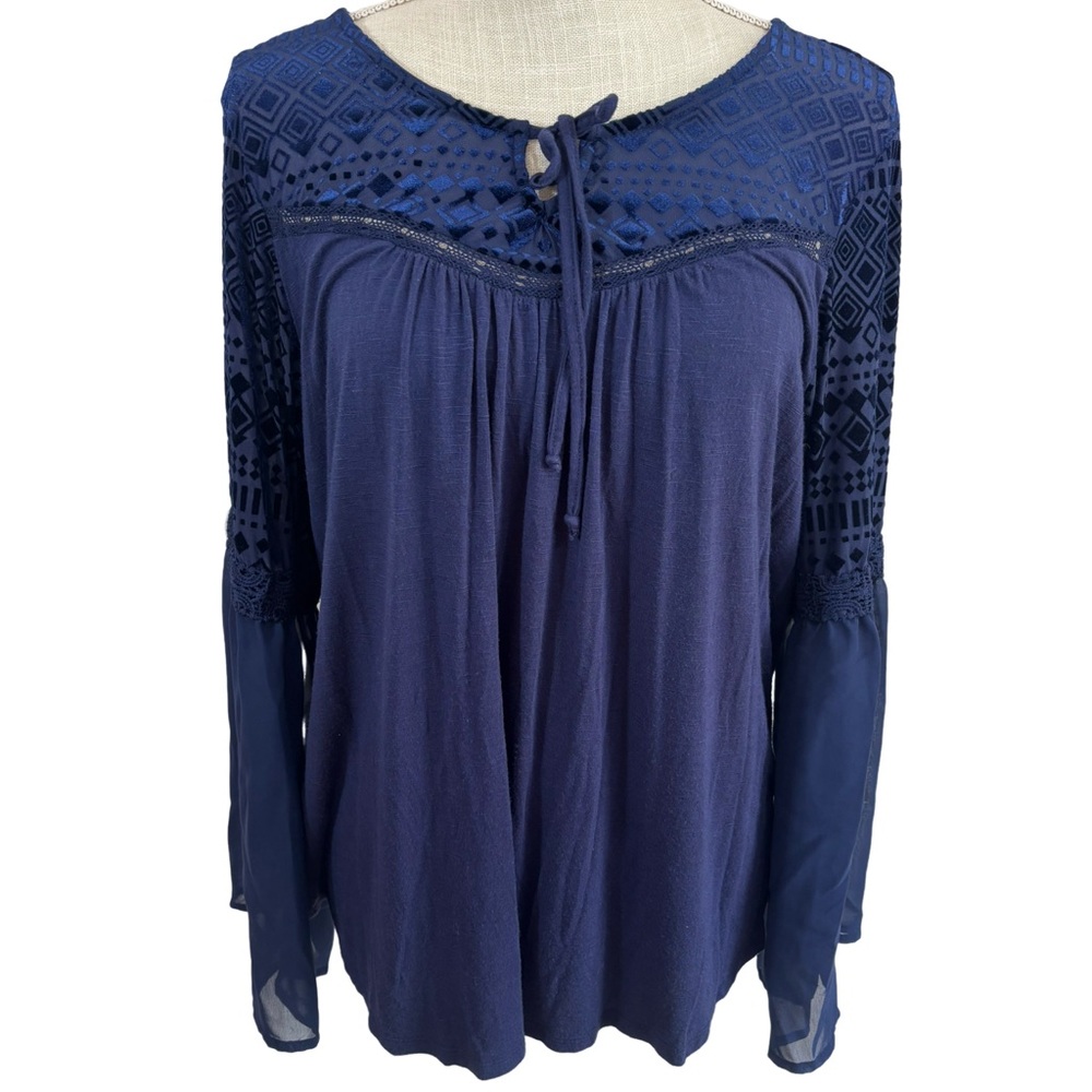 New Directions Top Sz L Indigo Blue Boho Floral Velvet Burnout Bell Sleeve Shirt